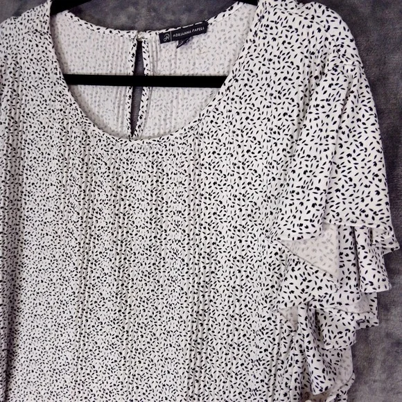 Adrianna Papell Blouse Womens 2X White Black Flutter Sleeve Scoop Neck Tunic Top - Picture 3 of 9